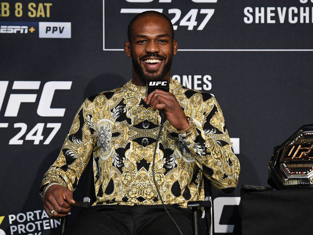 HOUSTON, TX - FEBRUARY 05: UFC light heavyweight champion Jon Jones interacts with media inside the Ballroom at Bayou Place on February 5, 2020 in Houston, Texas.