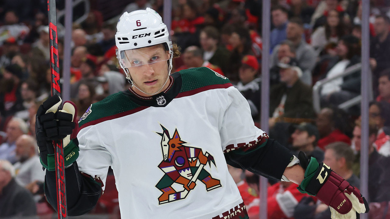 CHICAGO, ILLINOIS - FEBRUARY 10: Jakob Chychrun #6 of the Arizona Coyotes looks on against the Chicago Blackhawks during the first period at United Center on February 10, 2023 in Chicago, Illinois.