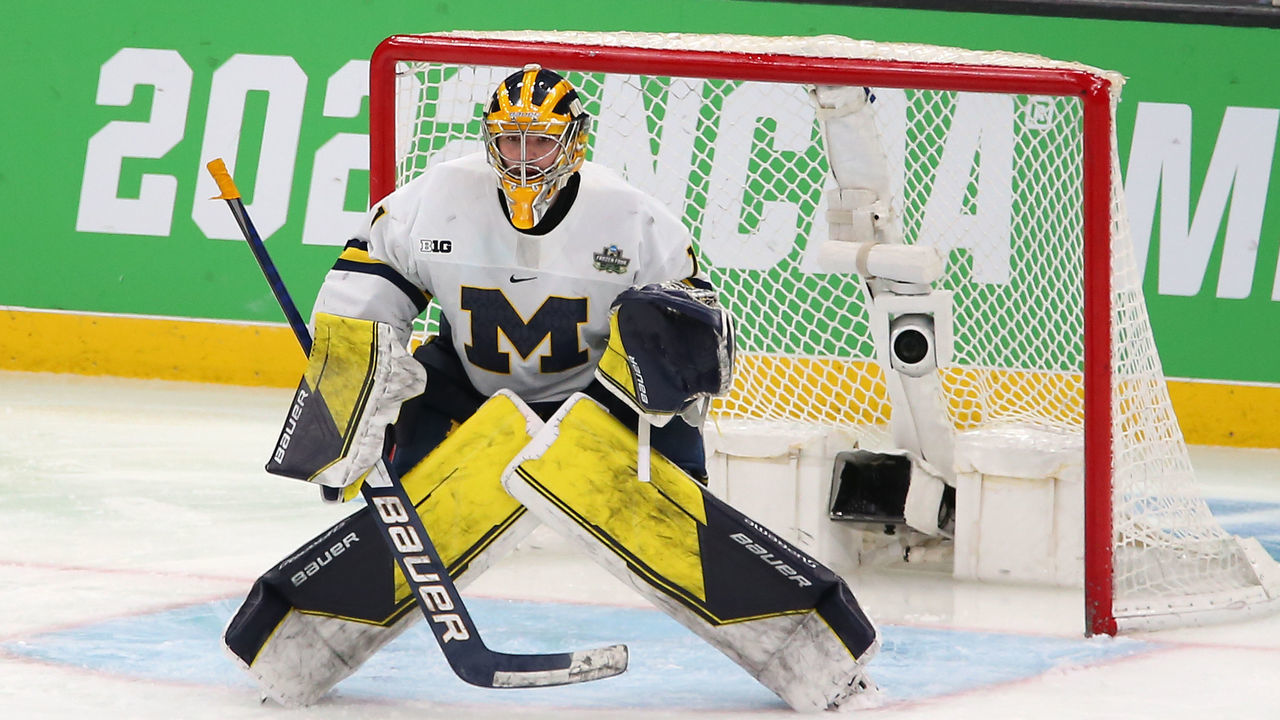 BOSTON, MA - APRIL 07: Michigan Wolverines goaltender Erik Portillo (1) in action during the Frozen Four of the Men's Div I NCAA Hockey Championship between Denver Pioneers and Michigan Wolverines on April 7, 2022, at TD Garden in Boston, MA.