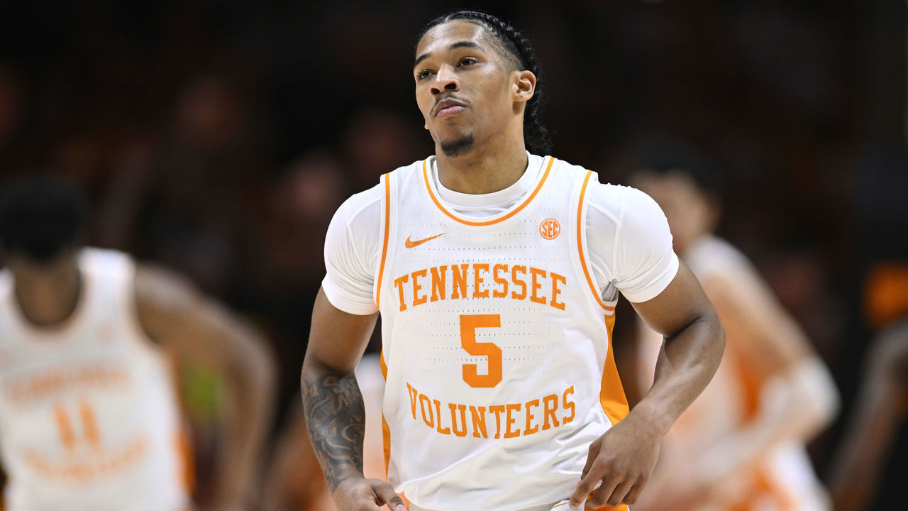 KNOXVILLE, TENNESSEE - FEBRUARY 25: Zakai Zeigler #5 of the Tennessee Volunteers stands on the court against the South Carolina Gamecocks in the first half at Thompson-Boling Arena on February 25, 2023 in Knoxville, Tennessee.