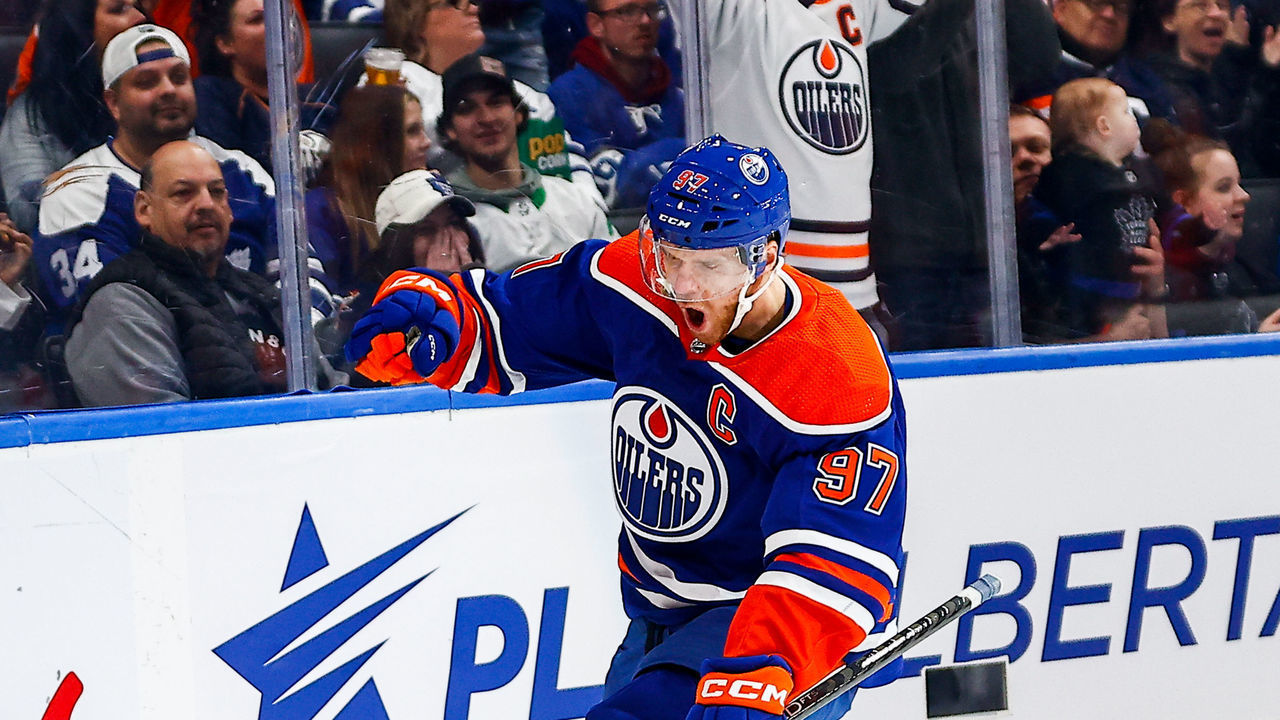 EDMONTON, AB - MARCH 01: Edmonton Oilers Center Connor McDavid (97) celebrates his first goal of the game in the first period of the Edmonton Oilers game versus the Toronto Maple Leads on March 1, 2023 at Rogers Place in Edmonton, AB.