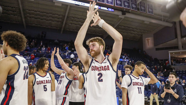 SPOKANE, WA - FEBRUARY 23: Gonzaga Bulldogs forward Drew Timme (2) celebrates with his team after being the San Diego Toreros during the game between the San Diego Toreros and the Gonzaga Bulldogs on February 23, 2023, at McCarthey Athletic Center in Spokane, WA.