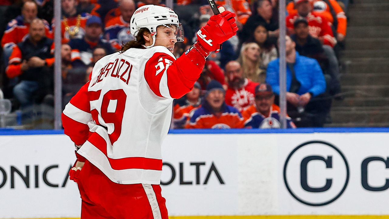 EDMONTON, AB - FEBRUARY 14: Detroit Red Wings Left Wing Tyler Bertuzzi (59) celebrates a goal in the second period of the Edmonton Oilers game versus the Detroit Red Wings on February 14, 2023 at Rogers Place in Edmonton, AB.