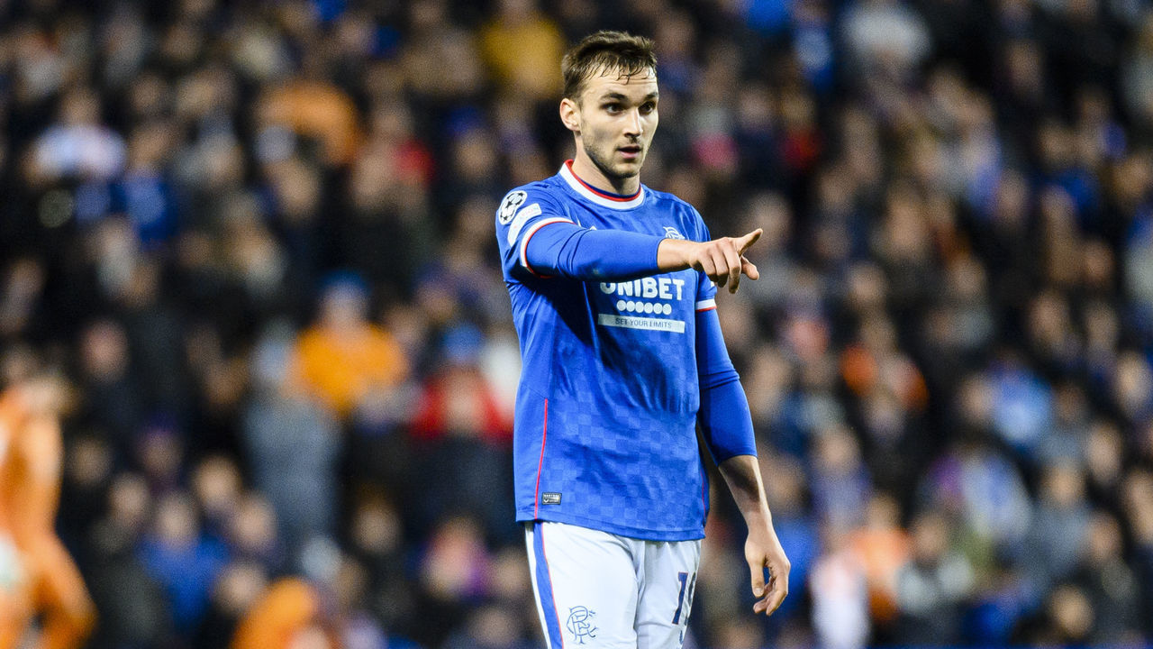 GLASGOW, SCOTLAND - NOVEMBER 01: James Sands of Rangers gestures during the UEFA Champions League group A match between Rangers FC and AFC Ajax at Ibrox Stadium on November 1, 2022 in Glasgow, United Kingdom.