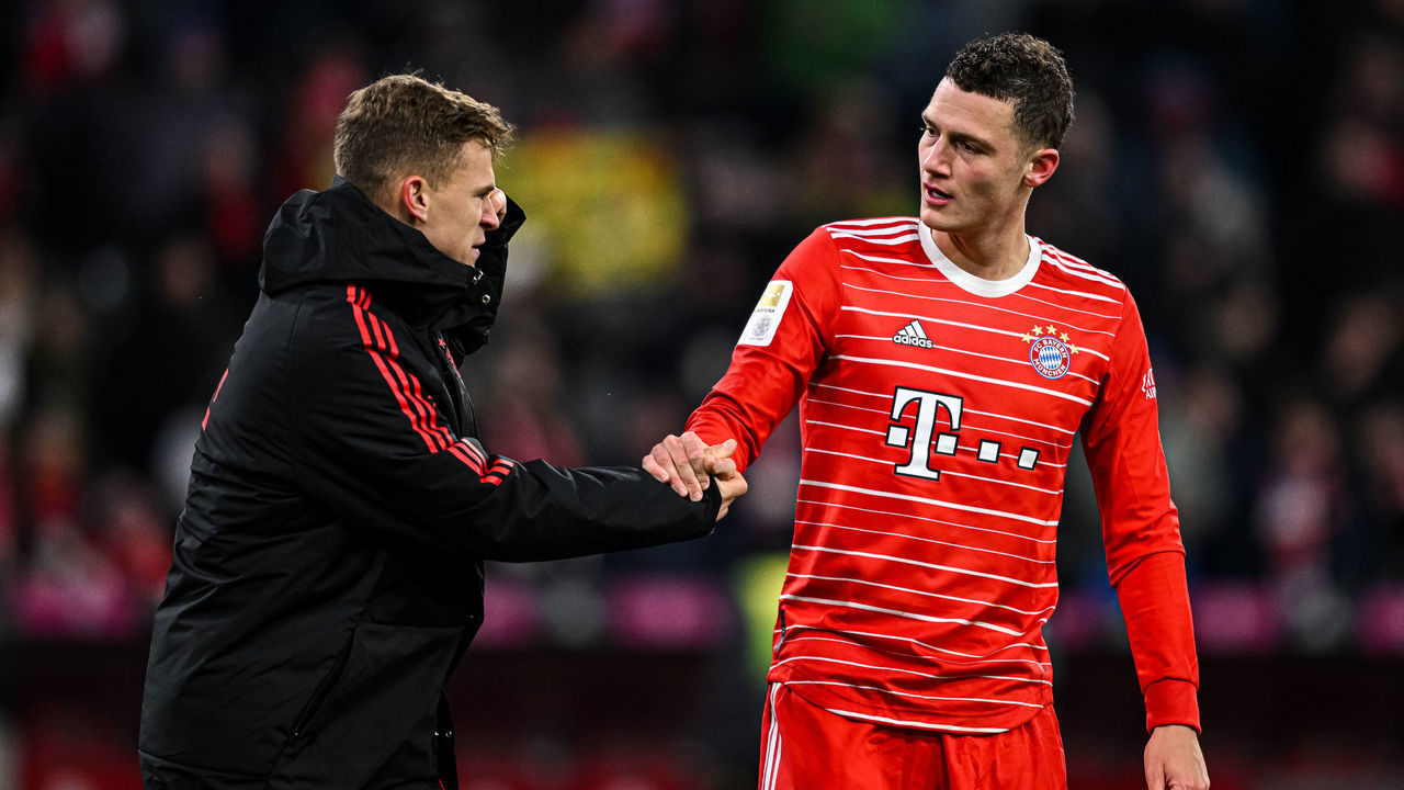 MUNICH, GERMANY - FEBRUARY 26: Joshua Kimmich of Bayern Muenchen and Benjamin Pavard of Bayern Muenchen gestures after the Bundesliga match between FC Bayern München and 1. FC Union Berlin at Allianz Arena on February 26, 2023 in Munich, Germany.
