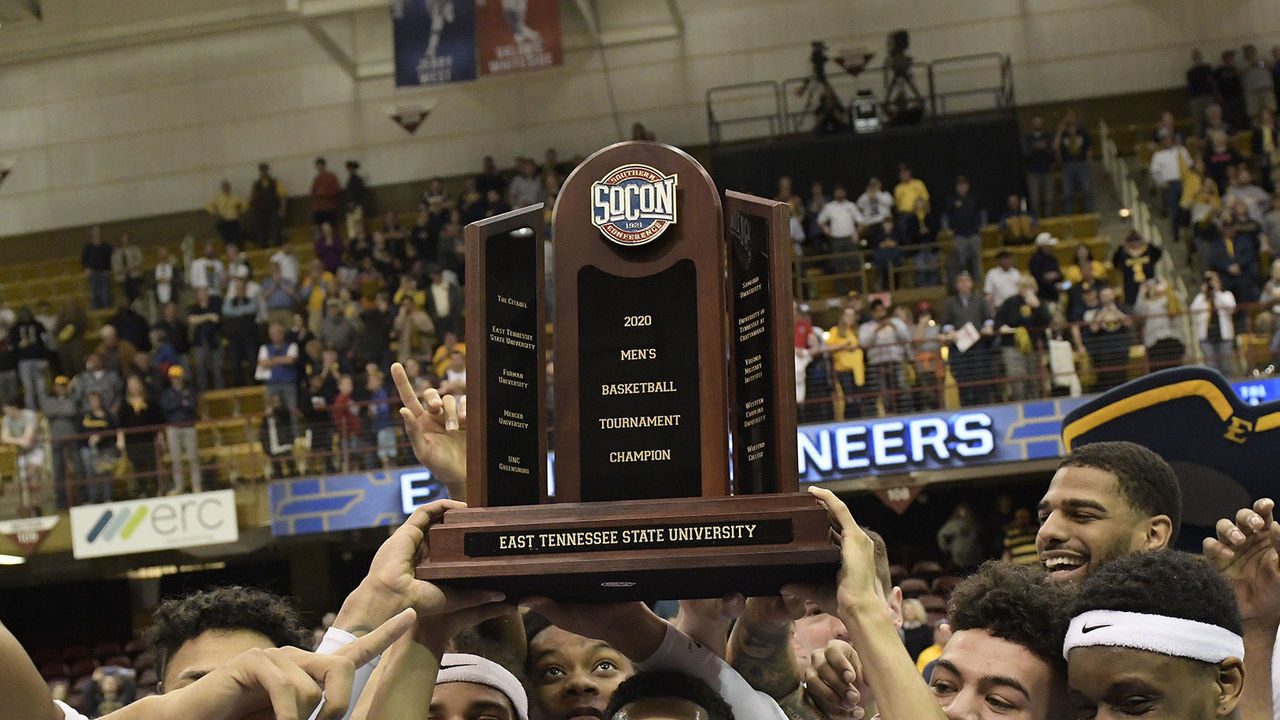 ASHEVILLE, NC - MARCH 09: The East Tennessee State University (ETSU) Buccaneers celebrates winning the Southern Conference (SoCon) Championship over the Wofford College Terriers, Monday, March 9, 2020, at Harrah's Cherokee Center in Asheville, North Carolina.