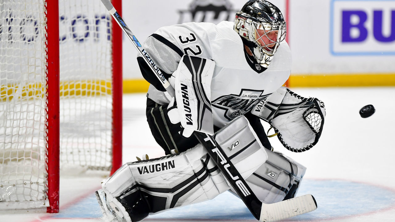 LOS ANGELES, CA - FEBRUARY 18: Jonathan Quick #32 of the Los Angeles Kings protects the goal during overtime against the Arizona Coyotes at Crypto.com Arena on February 18, 2023 in Los Angeles, California.