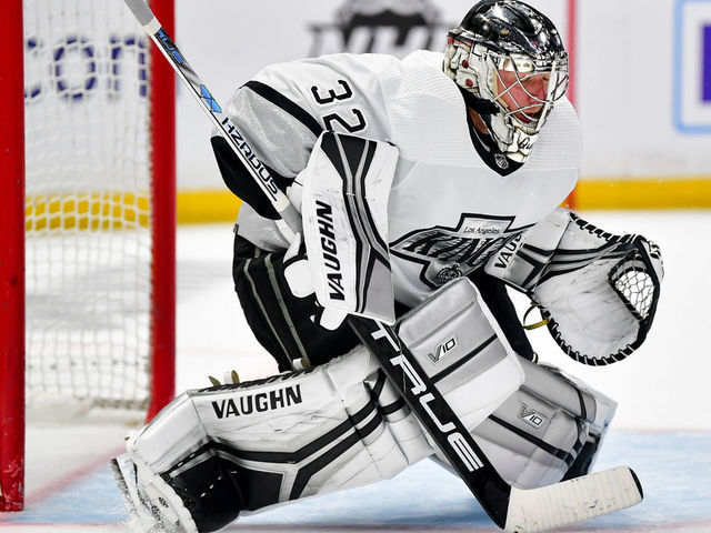 LOS ANGELES, CA - FEBRUARY 18: Jonathan Quick #32 of the Los Angeles Kings protects the goal during overtime against the Arizona Coyotes at Crypto.com Arena on February 18, 2023 in Los Angeles, California.