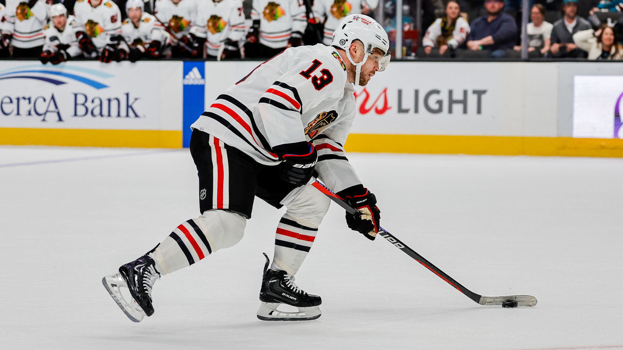 SAN JOSE, CA - FEBRUARY 25: Chicago Blackhawks Center Max Domi (13) skates in the shootout during the NHL professional mens hockey game between the Chicago Blackhawks and San Jose Sharks on February 25, 2023 at the SAP Center in San Jose, CA.