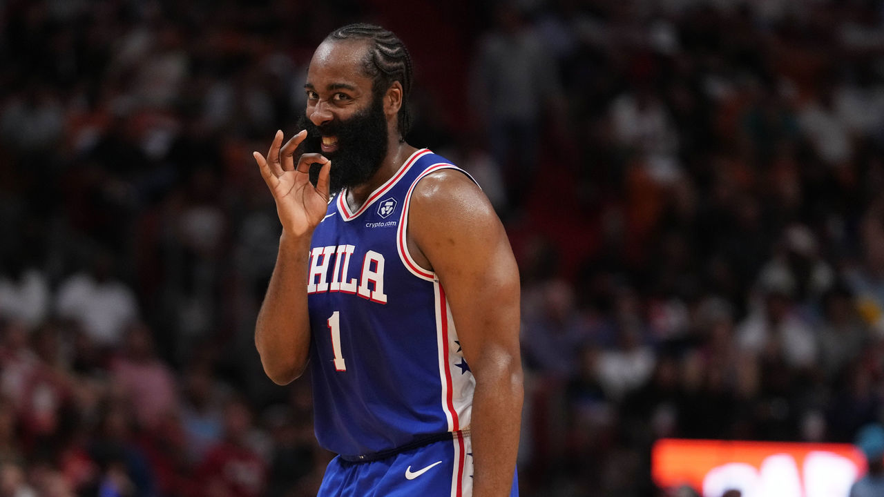 MIAMI, FL - MARCH 1: James Harden #1 of the Philadelphia 76ers reacts during the game against the Miami Heat on March 1, 2023 at Miami-Dade Arena in Miami, Florida. Mandatory Copyright Notice: Copyright 2023 NBAE