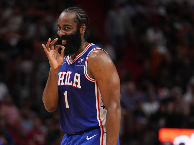 MIAMI, FL - MARCH 1: James Harden #1 of the Philadelphia 76ers reacts during the game against the Miami Heat on March 1, 2023 at Miami-Dade Arena in Miami, Florida. Mandatory Copyright Notice: Copyright 2023 NBAE