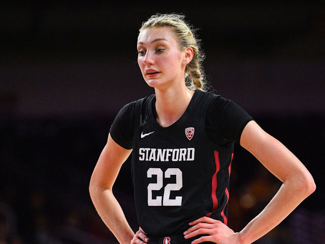 LOS ANGELES, CA - JANUARY 15: Stanford Cardinal forward Cameron Brink (22) looks on during the women's college basketball game between the Stanford Cardinal and the USC Trojans on January 15, 2023 at Galen Center in Los Angeles, CA.