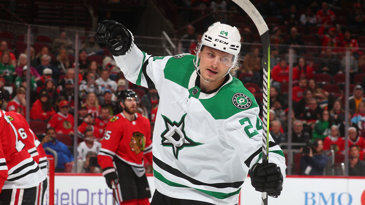 CHICAGO, ILLINOIS - MARCH 02: Roope Hintz #24 of the Dallas Stars reacts after scoring against the Chicago Blackhawks in the first period at United Center on March 02, 2023 in Chicago, Illinois.