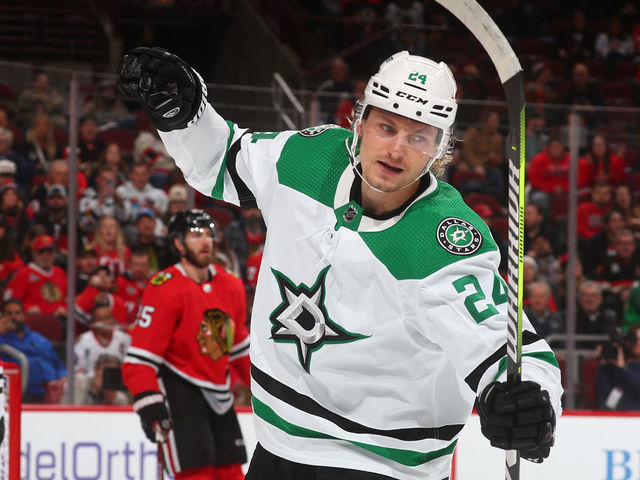 CHICAGO, ILLINOIS - MARCH 02: Roope Hintz #24 of the Dallas Stars reacts after scoring against the Chicago Blackhawks in the first period at United Center on March 02, 2023 in Chicago, Illinois.
