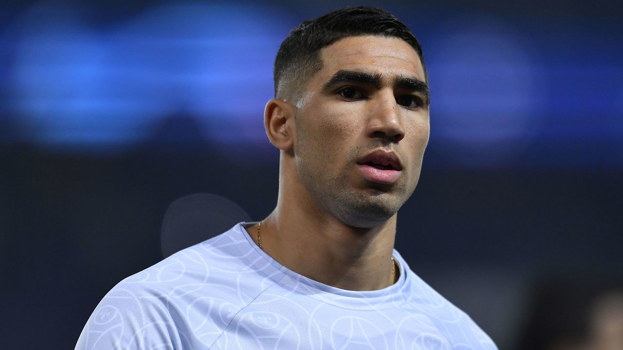 PARIS, FRANCE - FEBRUARY 14: Achraf Hakimi of Paris Saint-Germain looks on during warmup before the UEFA Champions League round of 16 leg one match between Paris Saint-Germain and FC Bayern München at Parc des Princes on February 14, 2023 in Paris, France.