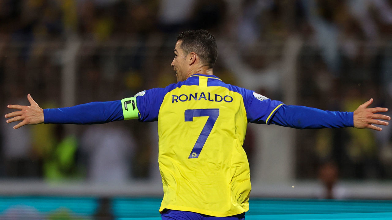 Nassr's Portuguese forward Cristiano Ronaldo celebrates scoring his team's fourth goal the Saudi Pro League football match between Al-Wehda and Al-Nassr at the King Abdulaziz Stadium in Mecca on February 9, 2023.