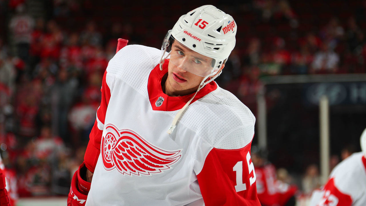 NEWARK, NJ - OCTOBER 15: Detroit Red Wings left wing Jakub Vrana (15) warms up prior to the game against the New Jersey Devils on October 15, 2022 at the Prudential Center in Newark, New Jersey.