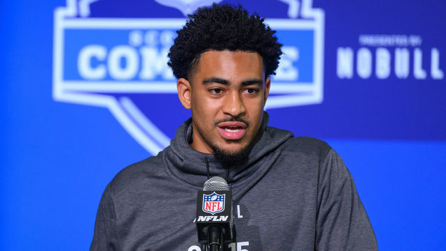 INDIANAPOLIS, IN - MARCH 03: Alabama quarterback Bryce Young answers questions from the media during the NFL Scouting Combine on March 3, 2023, at the Indiana Convention Center in Indianapolis, IN.