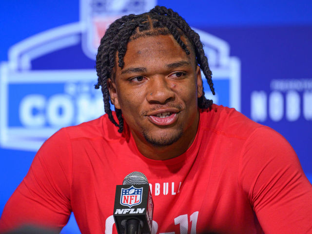INDIANAPOLIS, IN - MARCH 03: Florida quarterback Anthony Richardson answers questions from the media during the NFL Scouting Combine on March 3, 2023, at the Indiana Convention Center in Indianapolis, IN.
