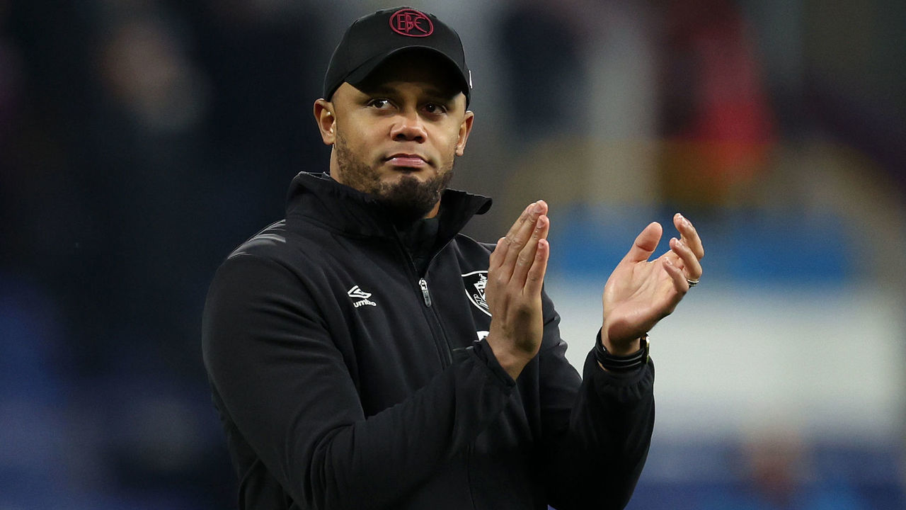 BURNLEY, ENGLAND - FEBRUARY 14: Vincent Kompany, Manager of Burnley, applauds the fans following the Sky Bet Championship match between Burnley and Watford at Turf Moor on February 14, 2023 in Burnley, England.