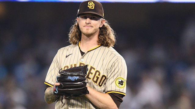 LOS ANGELES, CA - OCTOBER 12: San Diego Padres pitcher Josh Hader (71) looks on during the NLDS Game 2 between the San Diego Padres and the Los Angeles Dodgers on October 12, 2022 at Dodger Stadium in Los Angeles, CA.
