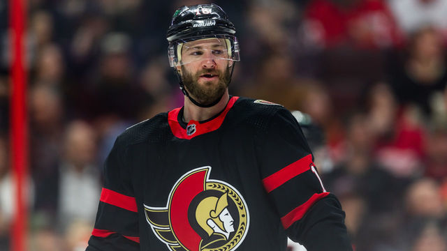 OTTAWA, ON - FEBRUARY 28: Ottawa Senators Right Wing Austin Watson (16) before a face-off during third period National Hockey League action between the Detroit Red Wings and Ottawa Senators on February 28, 2023, at Canadian Tire Centre in Ottawa, ON, Canada.
