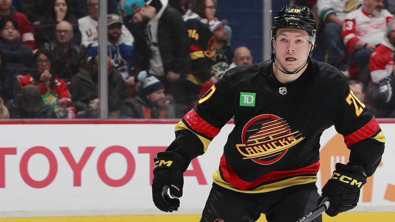 VANCOUVER, CANADA - FEBRUARY 13: Curtis Lazar #20 of the Vancouver Canucks skates up ice during their NHL game against the Detroit Red Wings at Rogers Arena February 13, 2023 in Vancouver, British Columbia, Canada.