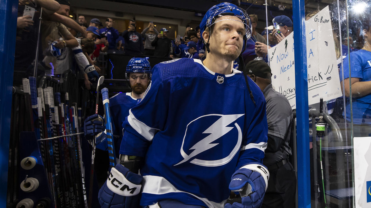 TAMPA, FL - FEBRUARY 21: Vladislav Namestnikov #90 of the Tampa Bay Lightning during the pregame warm ups against the Anaheim Ducks at Amalie Arena on February 21, 2023 in Tampa, Florida.