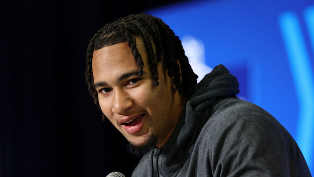 INDIANAPOLIS, INDIANA - MARCH 03: Quarterback CJ Stroud of Ohio State speaks to the media during the NFL Combine at Lucas Oil Stadium on March 03, 2023 in Indianapolis, Indiana.