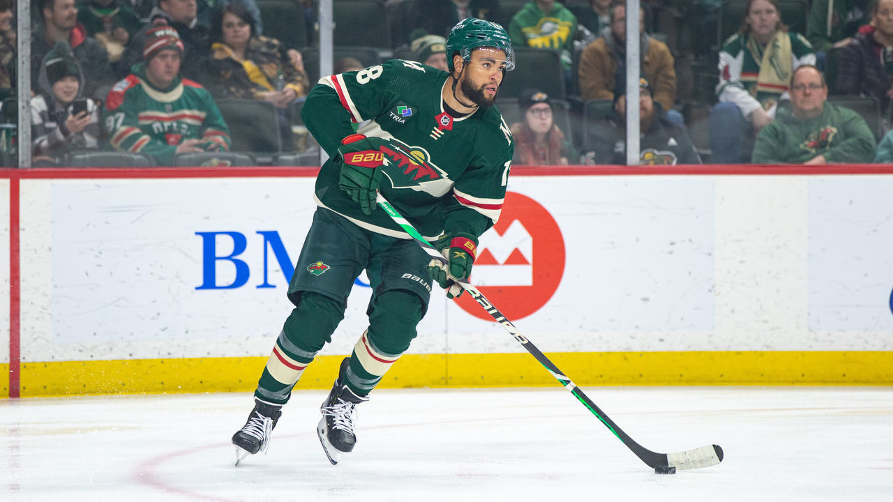 SAINT PAUL, MN - FEBRUARY 09: Minnesota Wild left wing Jordan Greenway (18) skates with the puck during the NHL game between the Vegas Golden Knights and the Minnesota Wild, on February 9th, 2023, at the Xcel Energy Center in Saint Paul, MN.