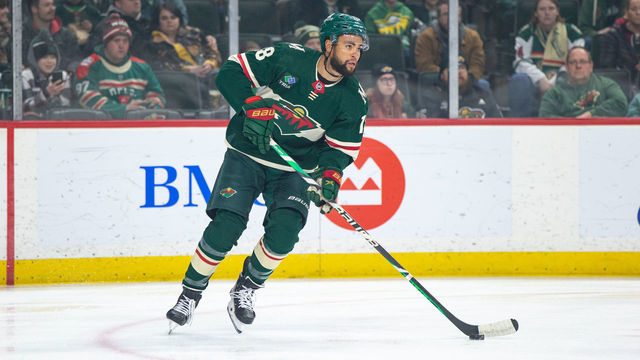 SAINT PAUL, MN - FEBRUARY 09: Minnesota Wild left wing Jordan Greenway (18) skates with the puck during the NHL game between the Vegas Golden Knights and the Minnesota Wild, on February 9th, 2023, at the Xcel Energy Center in Saint Paul, MN.