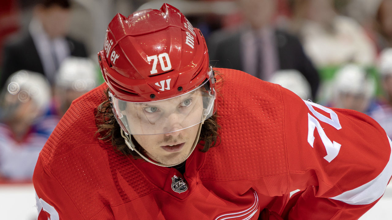DETROIT, MI - FEBRUARY 23: Oskar Sundqvist #70 of the Detroit Red Wings gets set for the face-off against the New York Rangers during the third period of an NHL game at Little Caesars Arena on February 23, 2023 in Detroit, Michigan. Detroit defeated New York 4-1.