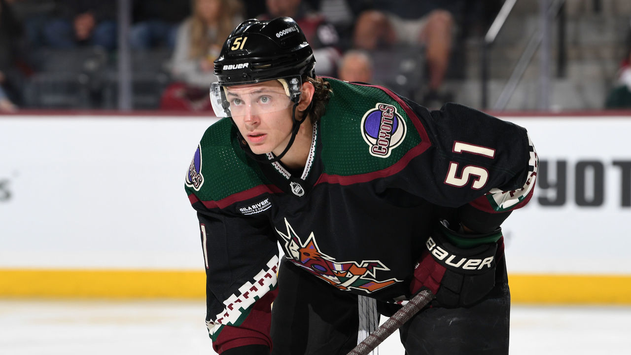 TEMPE, ARIZONA - FEBRUARY 15: Troy Stecher #51 of the Arizona Coyotes gets ready during a face off against the Tampa Bay Lightning at Mullett Arena on February 15, 2023 in Tempe, Arizona.