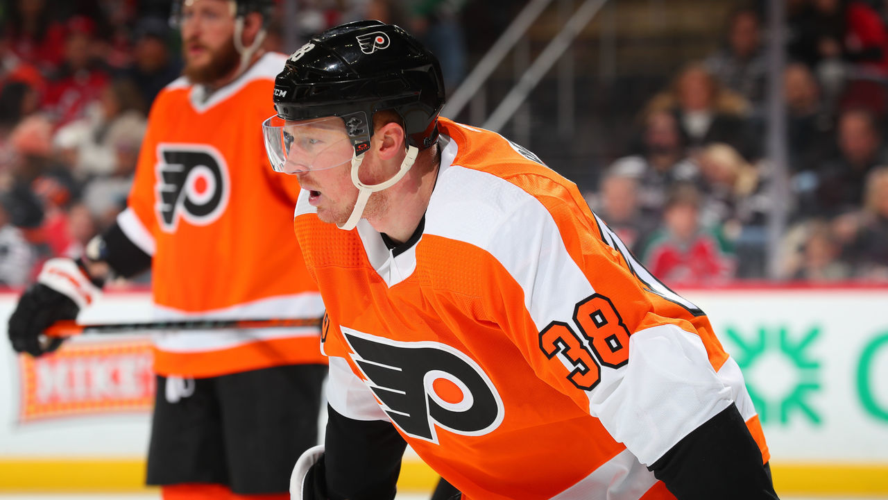 NEWARK, NJ - FEBRUARY 25: Patrick Brown #38 of the Philadelphia Flyers in the third period of the game against the New Jersey Devils on February 25, 2023 at the Prudential Center in Newark, New Jersey.