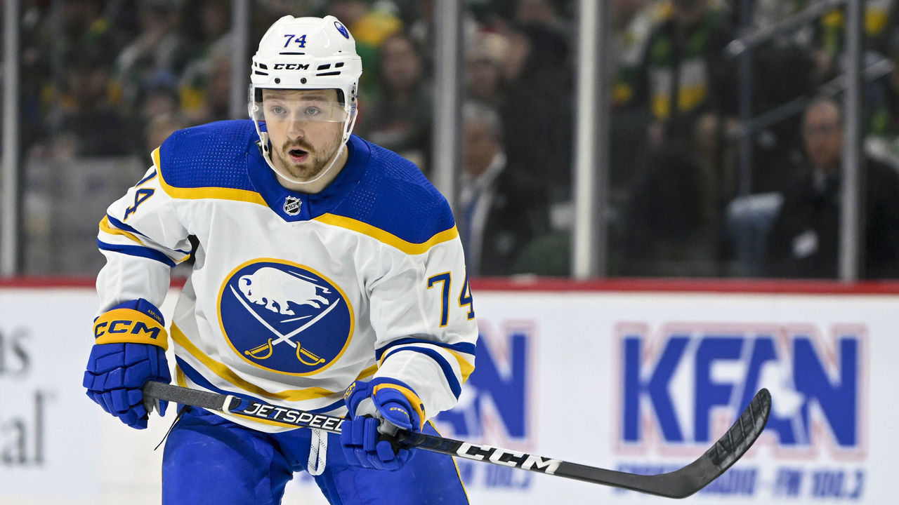 ST. PAUL, MN - JANUARY 28: Buffalo Sabres Winger Rasmus Asplund (74) follows the play during a game between the Minnesota Wild and Buffalo Sabres on January 28, 2023, at Xcel Energy Center in St. Paul, MN.
