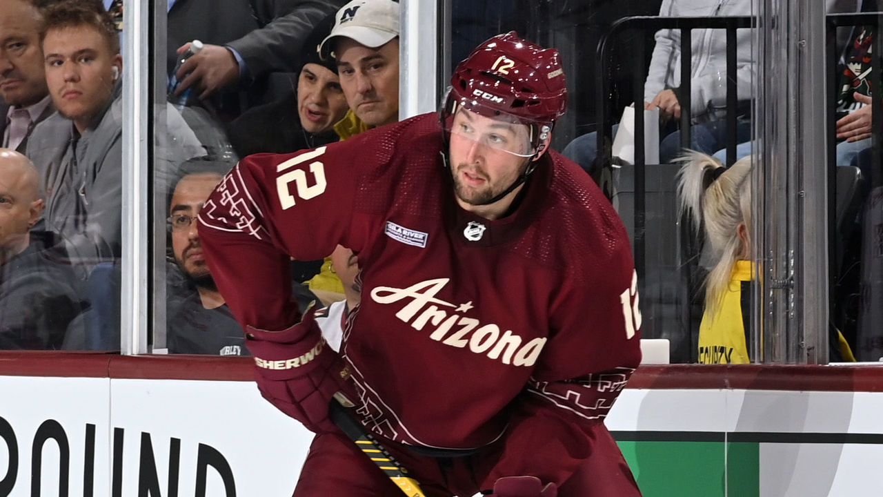 TEMPE, ARIZONA - FEBRUARY 19: Nick Ritchie #12 of the Arizona Coyotes skates up ice against the Columbus Blue Jackets at Mullett Arena on February 19, 2023 in Tempe, Arizona.