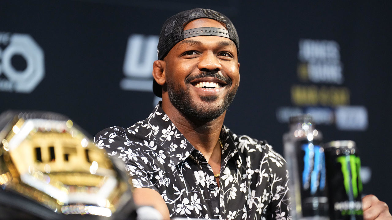 LAS VEGAS, NEVADA - MARCH 02: Jon Jones is seen on stage during the UFC 285 Press Conference at the KA Theatre at MGM Grand Hotel & Casino on March 02, 2023 in Las Vegas, Nevada.