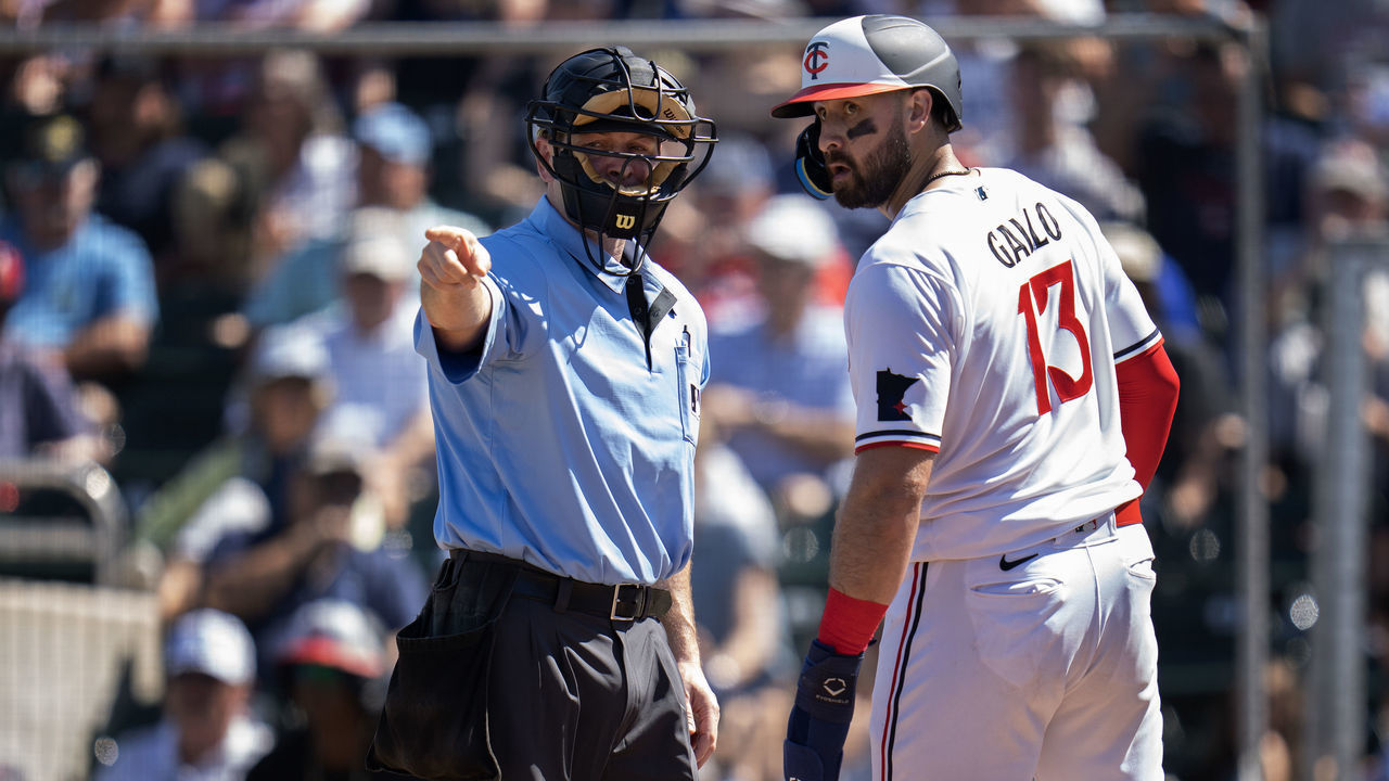FORT MYERS, FLA. - FEBRUARY 2023: Home plate umpire Ben May directed Minnesota Twins Joey Gallo back to third base after a ball was called in he second inning Saturday, February 25, 2023 in Fort Myers, Fla. It was the Twins' (and Tampa Bay Rays') first experience with a violation of Major League Baseball's new rule restricting defensive shifts in the infield. Umpires waved their arms and stopped play, and Gallo made a logical assumption. He jogged home and scored. Turns out, the penalty for a shift violation, in this instance Rays second baseman Vidal Brujan standing directly behind second base, is a ball charged to the pitcher, not a free base. Gallo was sent back to third, and the Twins and Rays received Lesson No. 1 about this new era of baseball: “We’re all learning on the fly a little bit here,” as Rays manager Kevin Cash put it. The Twins hosted the Tampa Bay Rays during their first 2023 Spring Training games of the season in Hammond Stadium at Century Link Sports Complex.