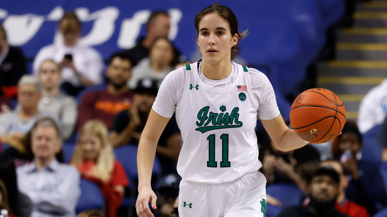 GREENSBORO, NC - MARCH 03: Sonia Citron #11 of the Notre Dame Fighting Irish dribbles up court during the second half of their game against the NC State Wolfpack in the quarterfinals of the ACC Women's Basketball Tournament at Greensboro Coliseum Complex on March 3, 2023 in Greensboro, North Carolina. Notre Dame won 66-60.