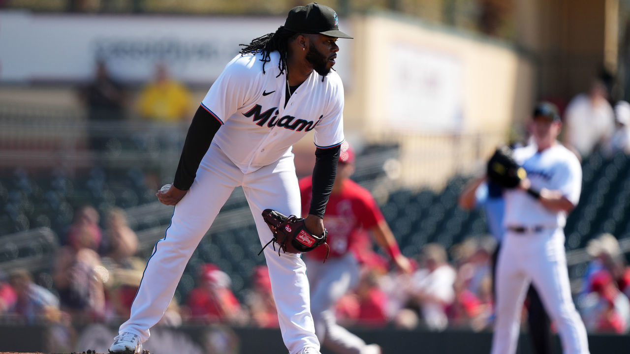 JUPITER, FL - FEBRUARY 26: Johnny Cueto #47 of the Miami Marlins stands on the mound prior to delivering a pitch in the first inning against the St. Louis Cardinals at Roger Dean Stadium on February 26, 2023 in Jupiter, Florida.