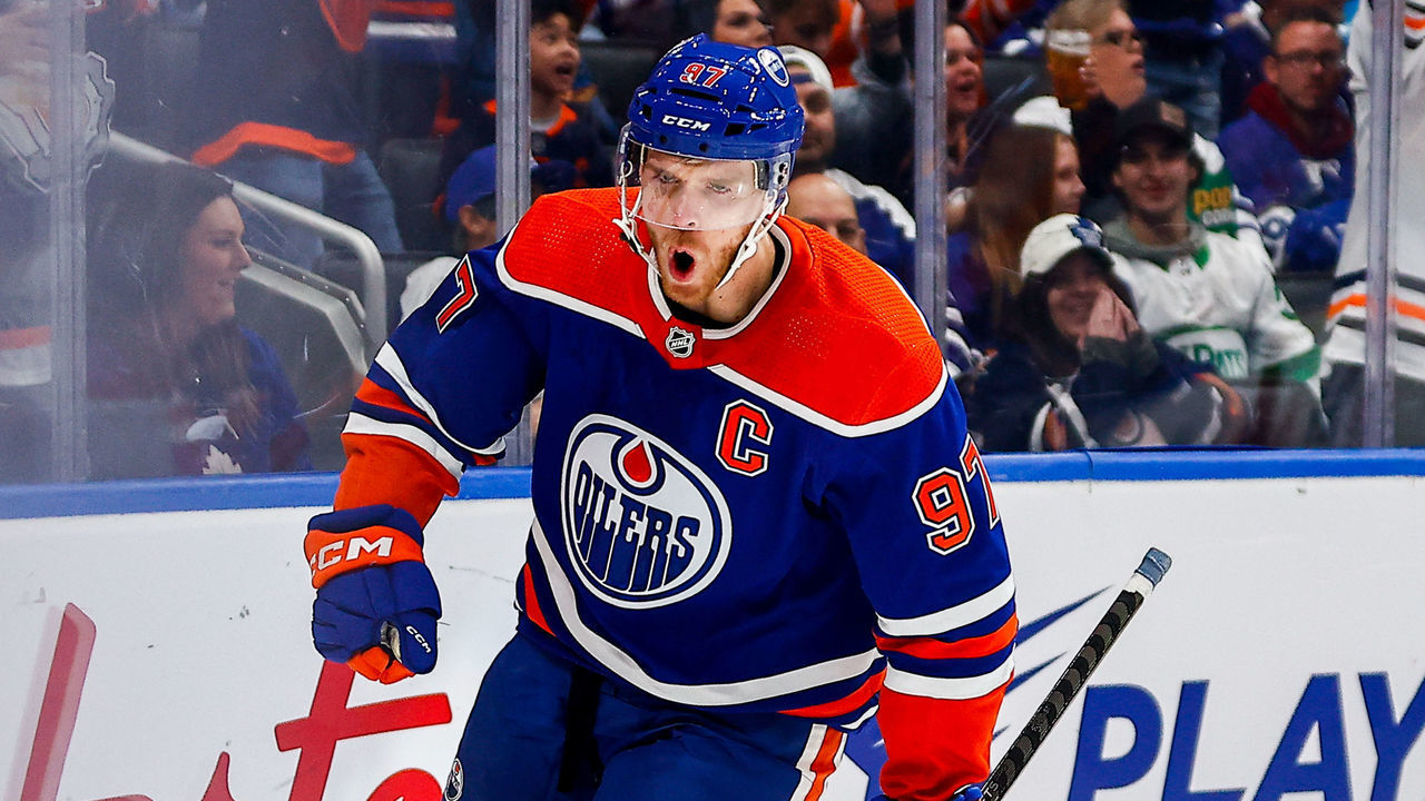 EDMONTON, AB - MARCH 01: Edmonton Oilers Center Connor McDavid (97) celebrates his first goal of the game in the first period of the Edmonton Oilers game versus the Toronto Maple Leads on March 1, 2023 at Rogers Place in Edmonton, AB.