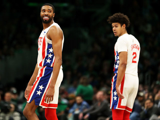 BOSTON, MASSACHUSETTS - MARCH 03: Mikal Bridges #1 of the Brooklyn Nets and Cameron Johnson #2 of the Brooklyn Nets look on during the fourth quarter of the game against the Boston Celtics at TD Garden on March 03, 2023 in Boston, Massachusetts.