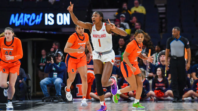 MINNEAPOLIS, MINNESOTA - MARCH 03: Diamond Miller #1 of the Maryland Terrapins reacts after making a basket during the first half of a Big Ten Women's Basketball Tournament Quarterfinals Game against the Illinois Fighting Illini at Target Center on March 03, 2023 in Minneapolis, Minnesota.