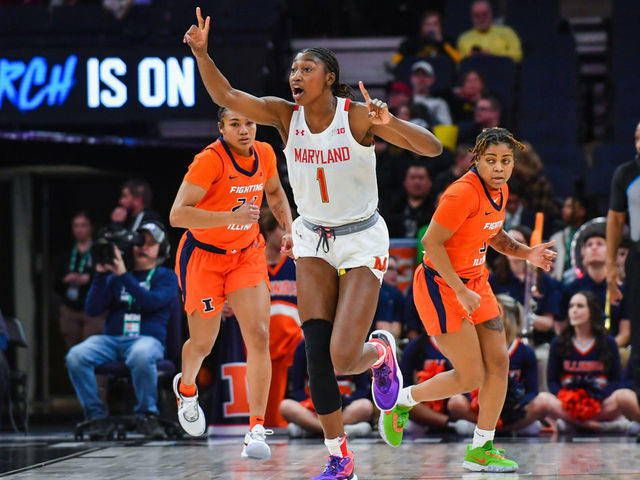 MINNEAPOLIS, MINNESOTA - MARCH 03: Diamond Miller #1 of the Maryland Terrapins reacts after making a basket during the first half of a Big Ten Women's Basketball Tournament Quarterfinals Game against the Illinois Fighting Illini at Target Center on March 03, 2023 in Minneapolis, Minnesota.