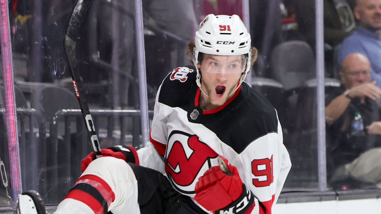 LAS VEGAS, NEVADA - MARCH 03: Dawson Mercer #91 of the New Jersey Devils celebrates a first-period goal against the Vegas Golden Knights during their game at T-Mobile Arena on March 03, 2023 in Las Vegas, Nevada.
