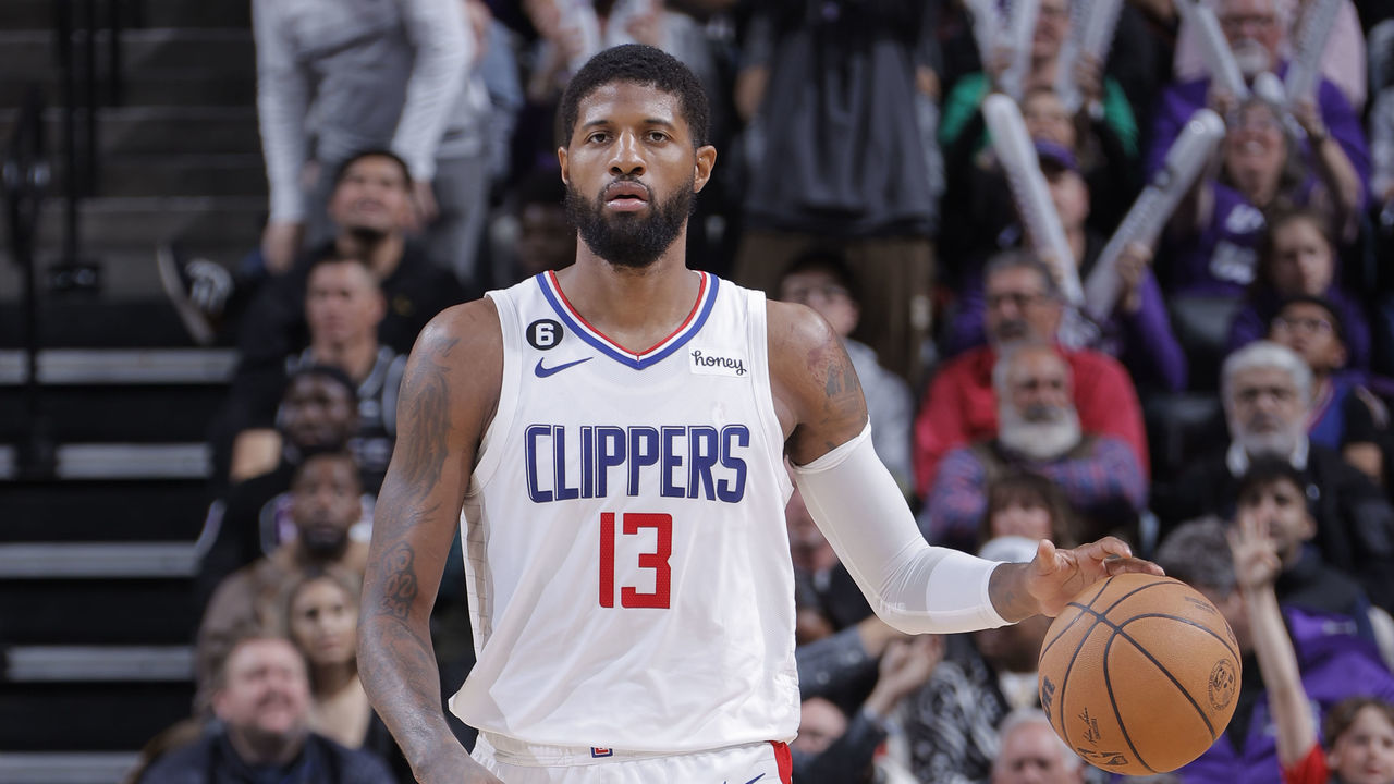 SACRAMENTO, CA - MARCH 3: Paul George #13 of the LA Clippers dribbles the ball during the game against the Sacramento Kings on March 3, 2023 at Golden 1 Center in Sacramento, California. Mandatory Copyright Notice: Copyright 2023 NBAE