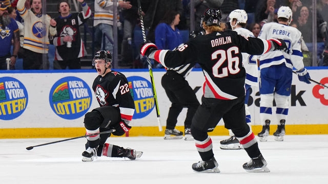 BUFFALO, NY - MARCH 4: Jack Quinn #22 of the Buffalo Sabres celebrates his second period goal against the Tampa Bay Lightning during an NHL game on March 4, 2023 at KeyBank Center in Buffalo, New York. Buffalo won, 5-3.