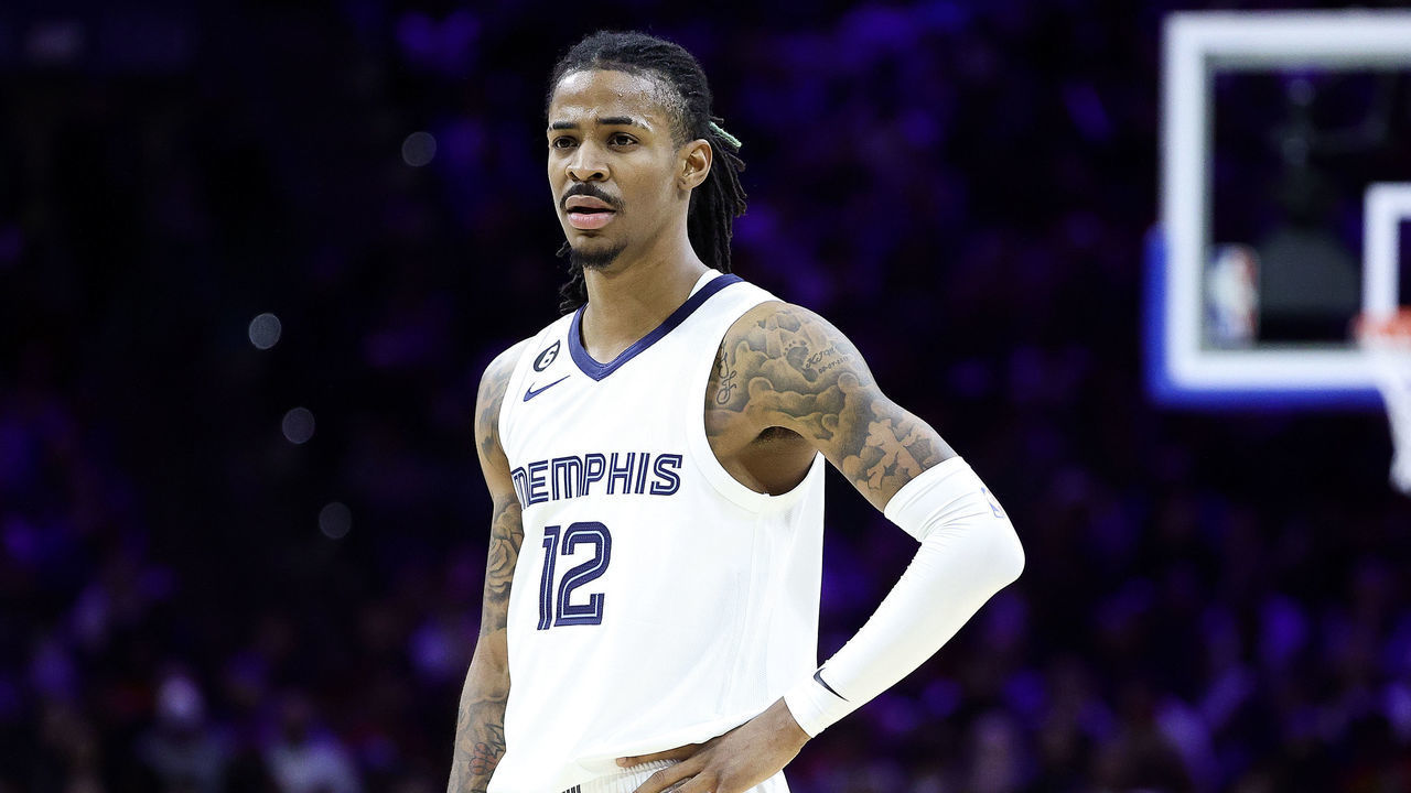 PHILADELPHIA, PENNSYLVANIA - FEBRUARY 23: Ja Morant #12 of the Memphis Grizzlies looks on during the third quarter against the Philadelphia 76ers at Wells Fargo Center on February 23, 2023 in Philadelphia, Pennsylvania.