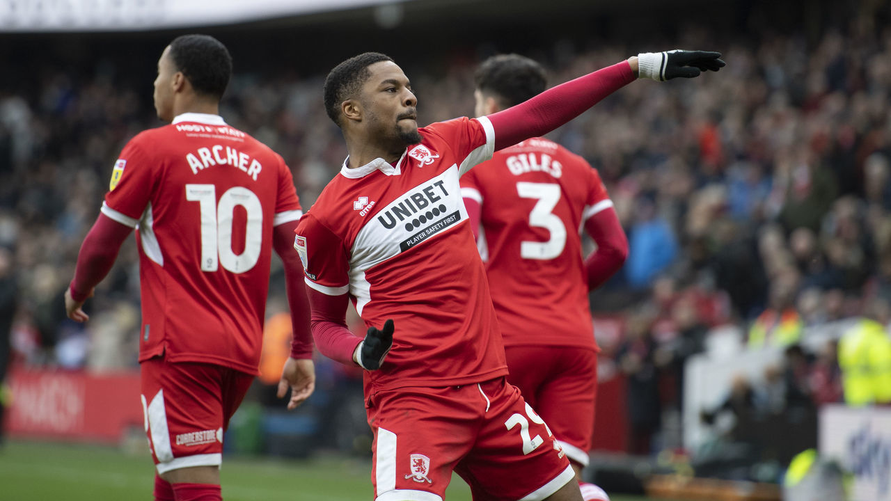 Middlesbrough's Chuba Akpom after scoring Middlesbrough's third goal during the Sky Bet Championship match between Middlesbrough and Reading at the Riverside Stadium, Middlesbrough on Saturday 4th March 2023.