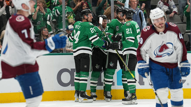 DALLAS, TX - MARCH 4: Roope Hintz #24, Joe Pavelski #16, Jani Hakanpää #2 and Jason Robertson #21 of the Dallas Stars celebrate a goal against the Colorado Avalanche at the American Airlines Center on March 4, 2023 in Dallas, Texas.